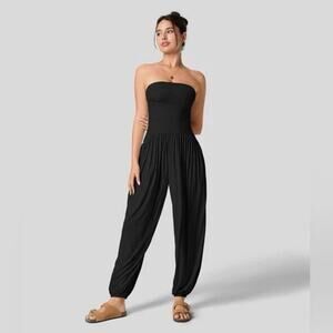 NWT Halara Ribbed Tube Backless Side Pocket Casual Jumpsuit Black Size Large